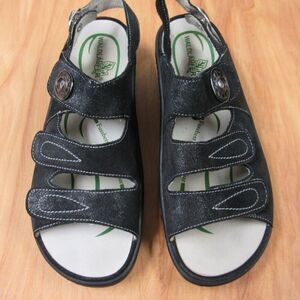 WALDLAUFER Zander Black Glitter Leather Sandals Womens Sz 9 Ortho Comfort Shoes